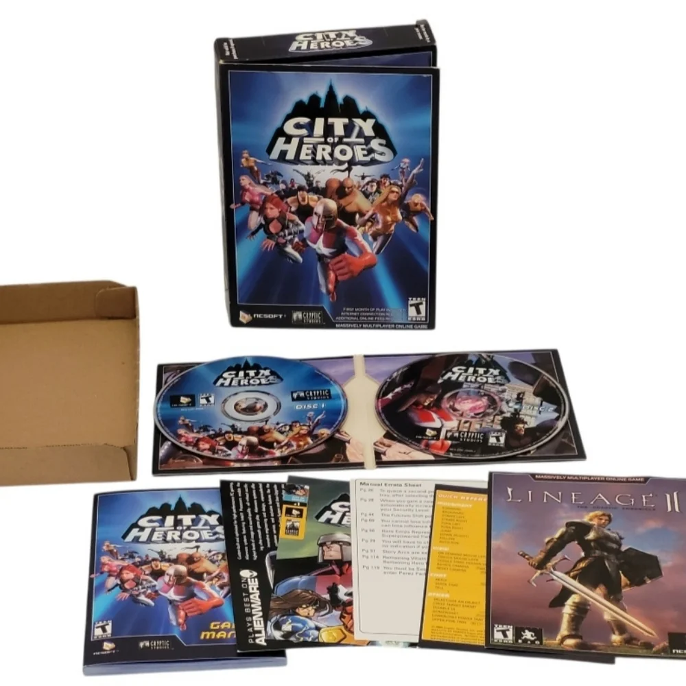 City of Heroes (PC, 2004) 2-Disc Boxset Complete W/Inserts/Map/Game Manual Book/